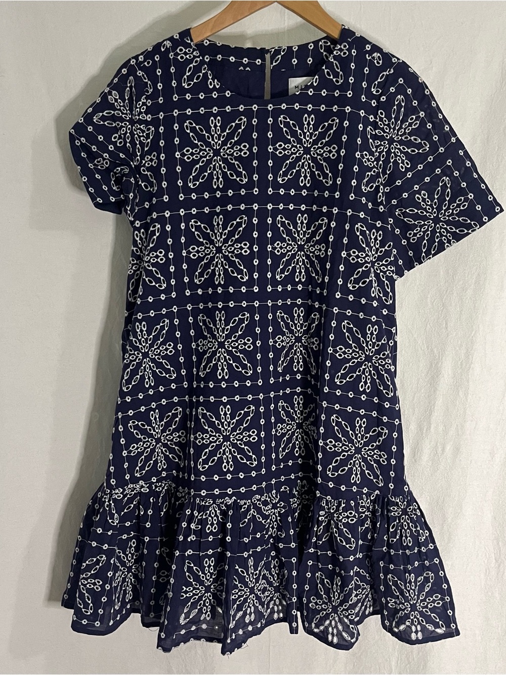 Milly Brynn Tile Eyelet Mini Dress Navy Blue White Ruffle Hem Size 4